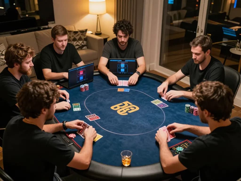 Players enjoy a strategic game of poker on 88x platform, with focus on cards and ambiance.
