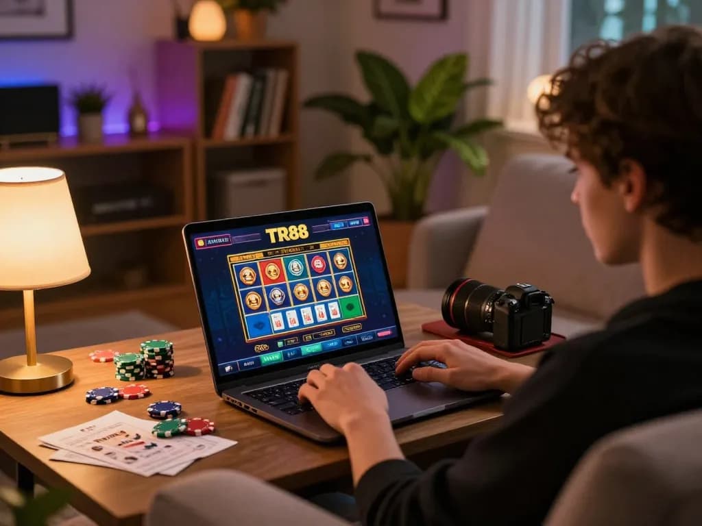Engaging gaming session at TR88 online casino with player focused on laptop