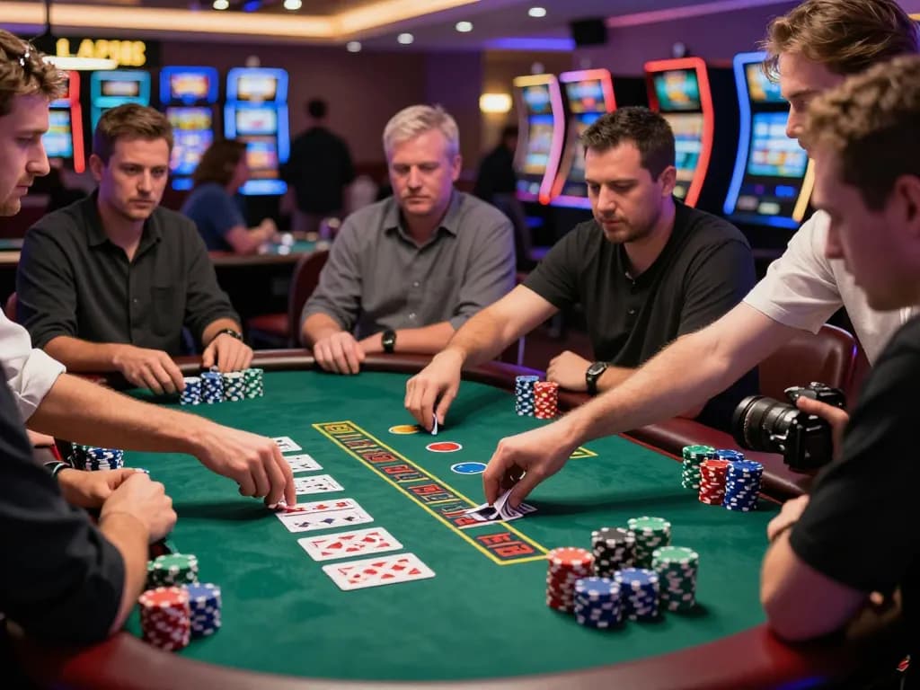 Players engaged in a high-stakes blackjack game at a casino table, showcasing the intense atmosphere of dinamit4d gambling.