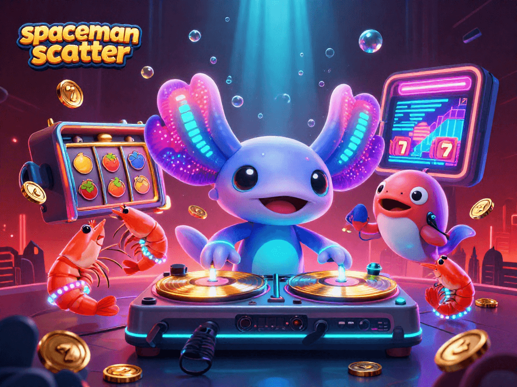 Engage in the spaceman scatter game with vibrant characters and casino elements illustrating dynamic gameplay.