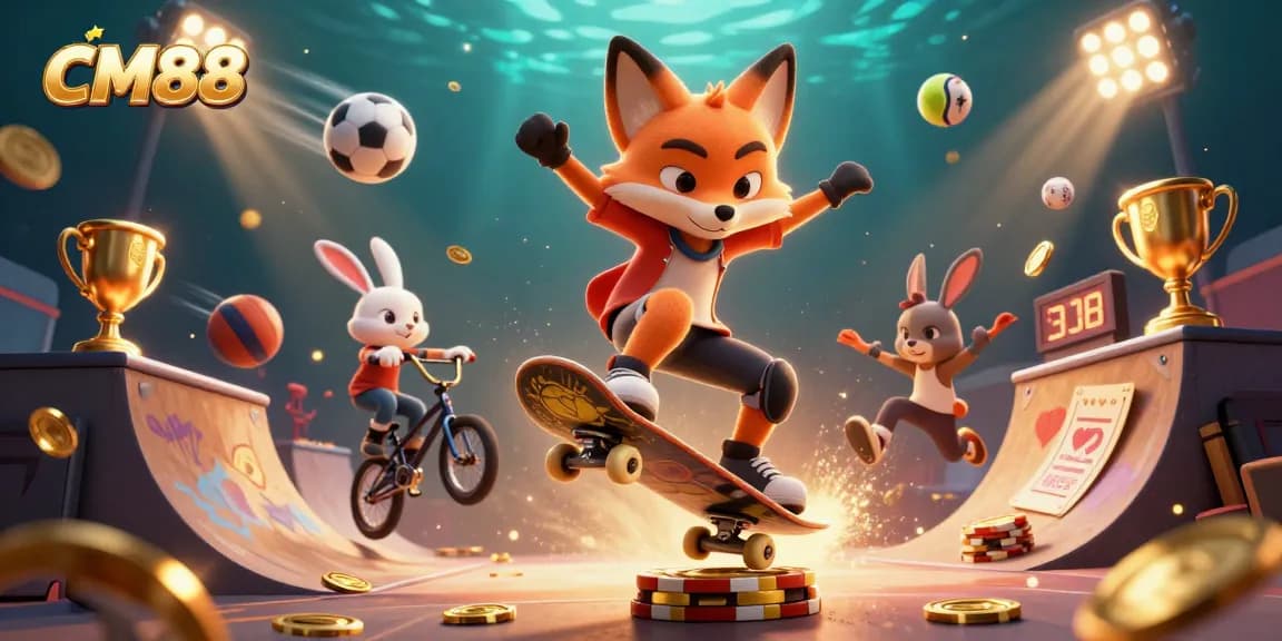 Experience exciting wins with CM88 as a fox performs tricks over golden chips, rich in casino symbols.