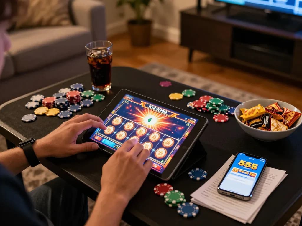 Engaging scene of online gambling with 555win25 app on tablet during a fun gaming session