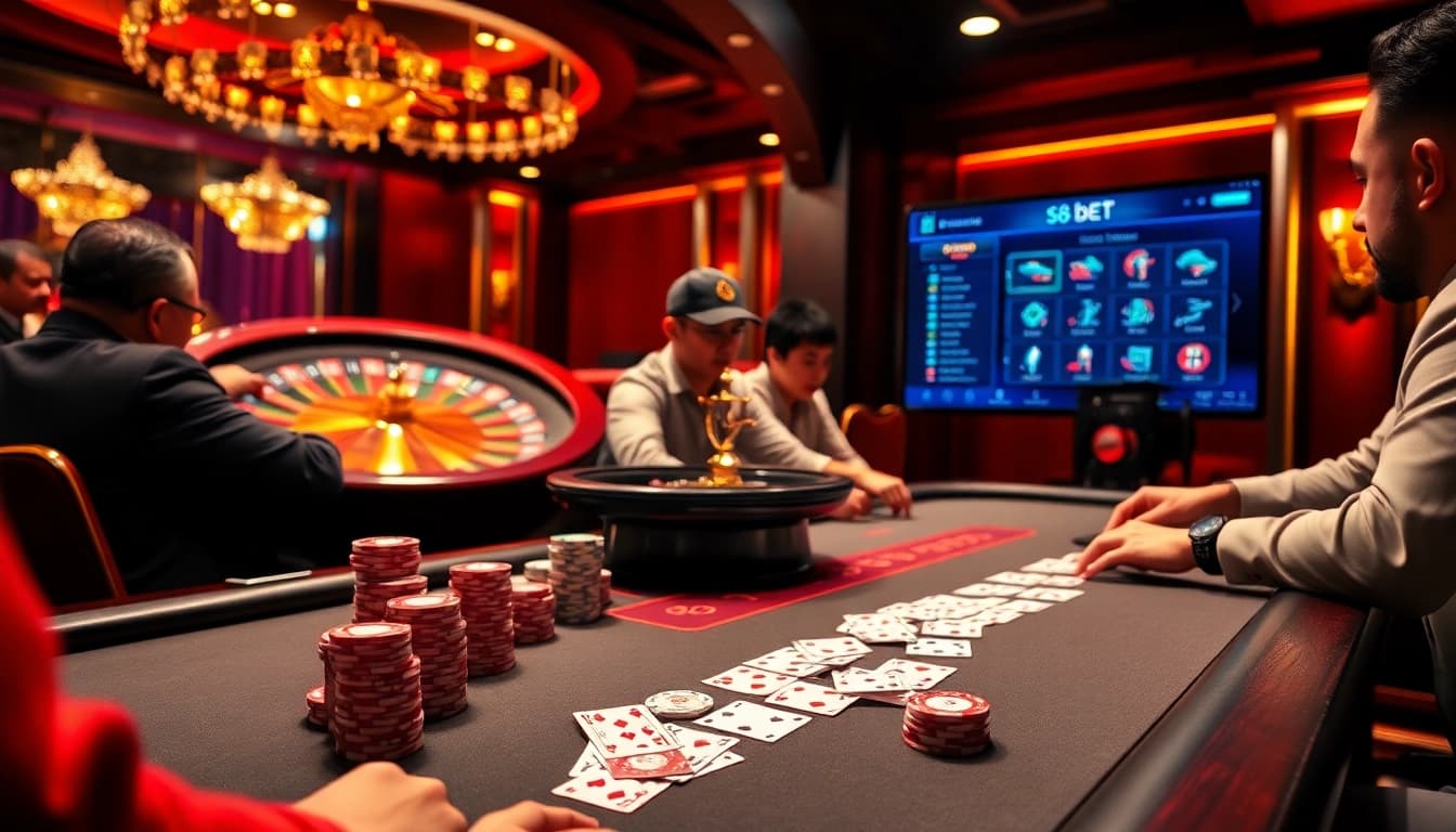 S8 bet players strategize at a luxurious poker table amidst a vibrant casino atmosphere.