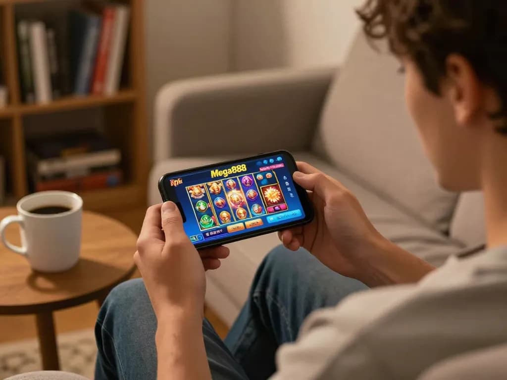 Player enjoying the mega888 apk on smartphone, relaxing at home with strategic notes nearby.
