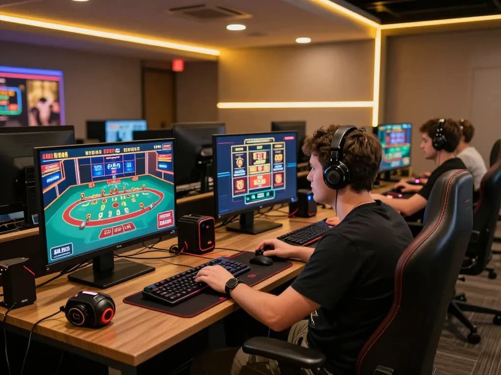 Engaged player at bk8 online casino gaming setup with multiple screens and immersive atmosphere.
