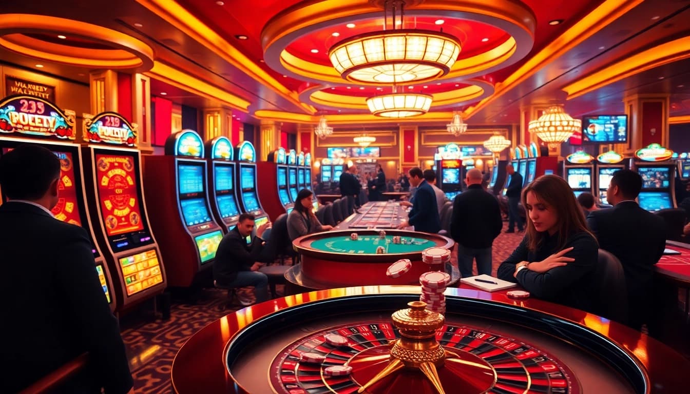 WW88 đăng nhập - Engage in thrilling gambling experiences with poker chips and slots in a vibrant casino.