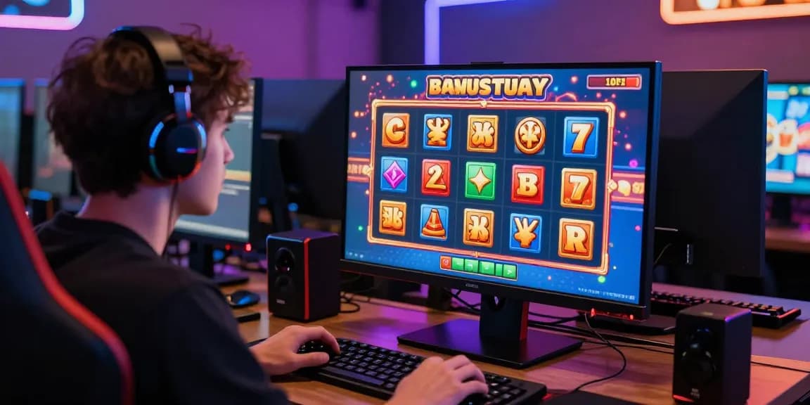Engaging moment playing bonus buy slots UK with colorful graphics and gaming setup.