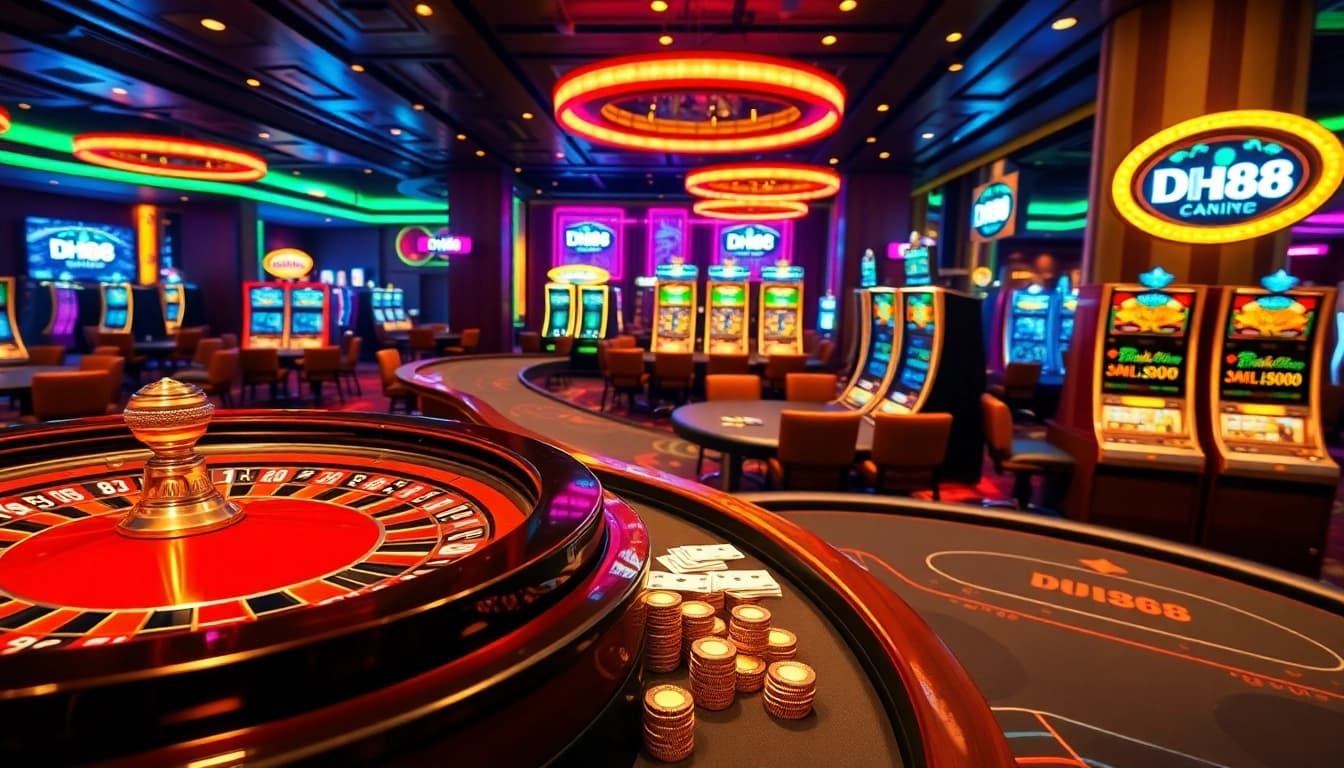 Experience thrilling gambling at DH88 with vibrant casino tables, roulette wheels, and poker chips in action.