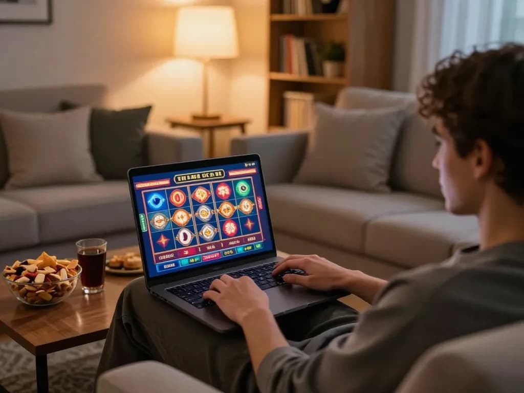 Engaging in online casino malaysia gaming on a laptop in a cozy home setup