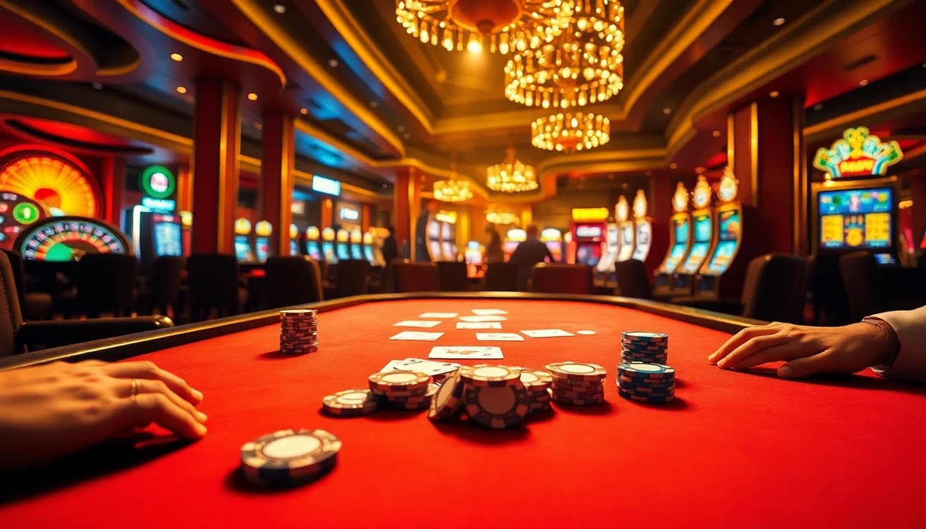 Engage in an exhilarating game at Link LC88 with poker chips and cards in a luxurious casino setting.
