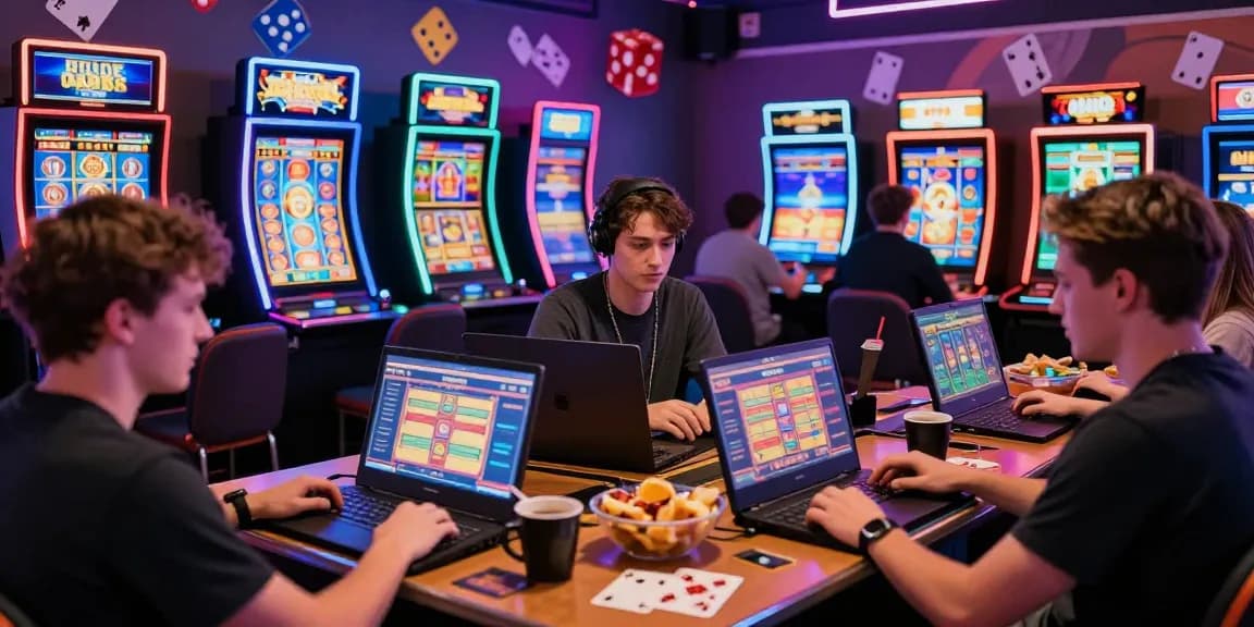 Players enjoying new online casinos UK in a lively gaming environment with animated slot graphics and vibrant decor.
