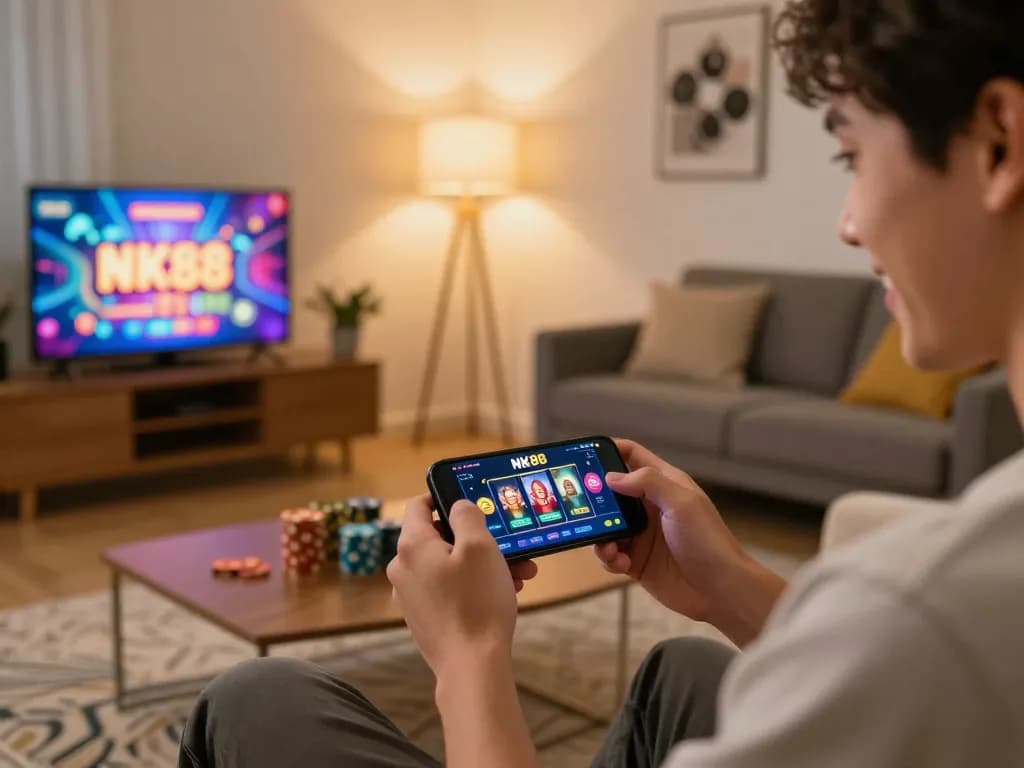 Player engaging with the NK88 mobile casino app in a cozy home setting, showcasing dynamic gaming experience.