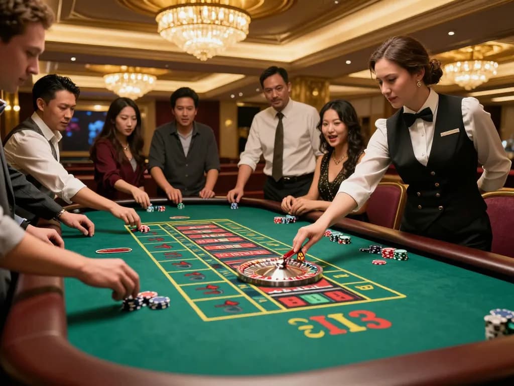 Pemain merayakan kemenangan di meja roulette Ulat123 yang ramai, menampilkan suasana perjudian yang mengasyikkan.
