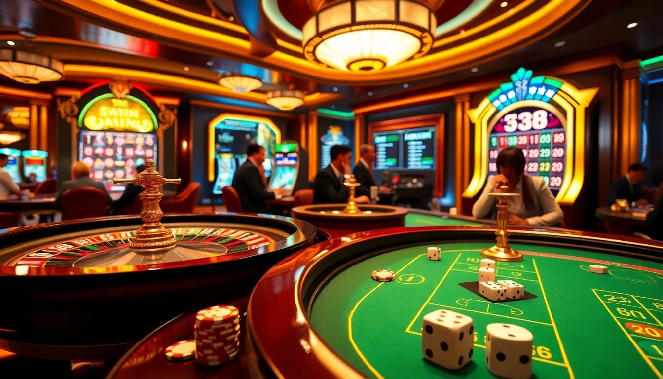 Immersive 33WIN casino experience featuring poker, roulette, and vibrant slot machines.