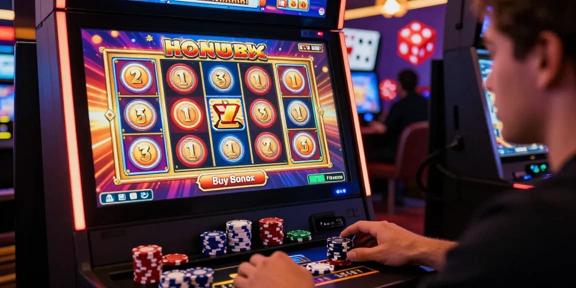 Player exploring bonus buy slots at a vibrant online casino game, showcasing excitement and modern gaming.