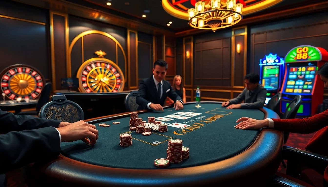 Intense poker action at a casino with go 88 themed chips and luxurious ambiance.