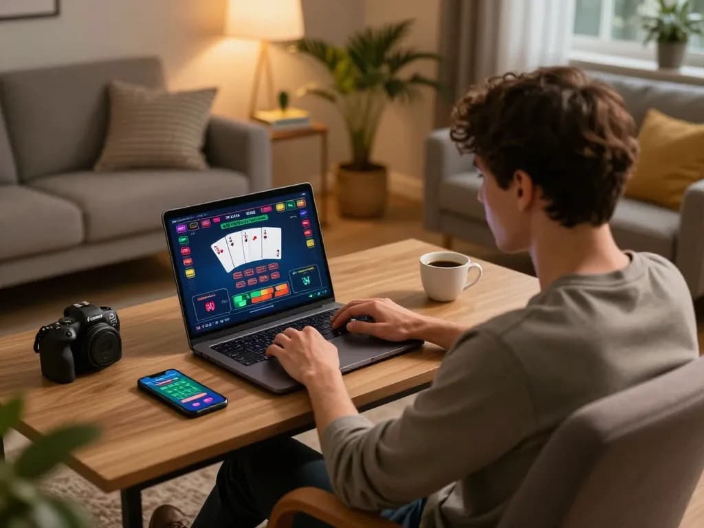 Engaging in strategic online poker gameplay on F8beta2 ink, showcasing vibrant interface and cozy home setup.