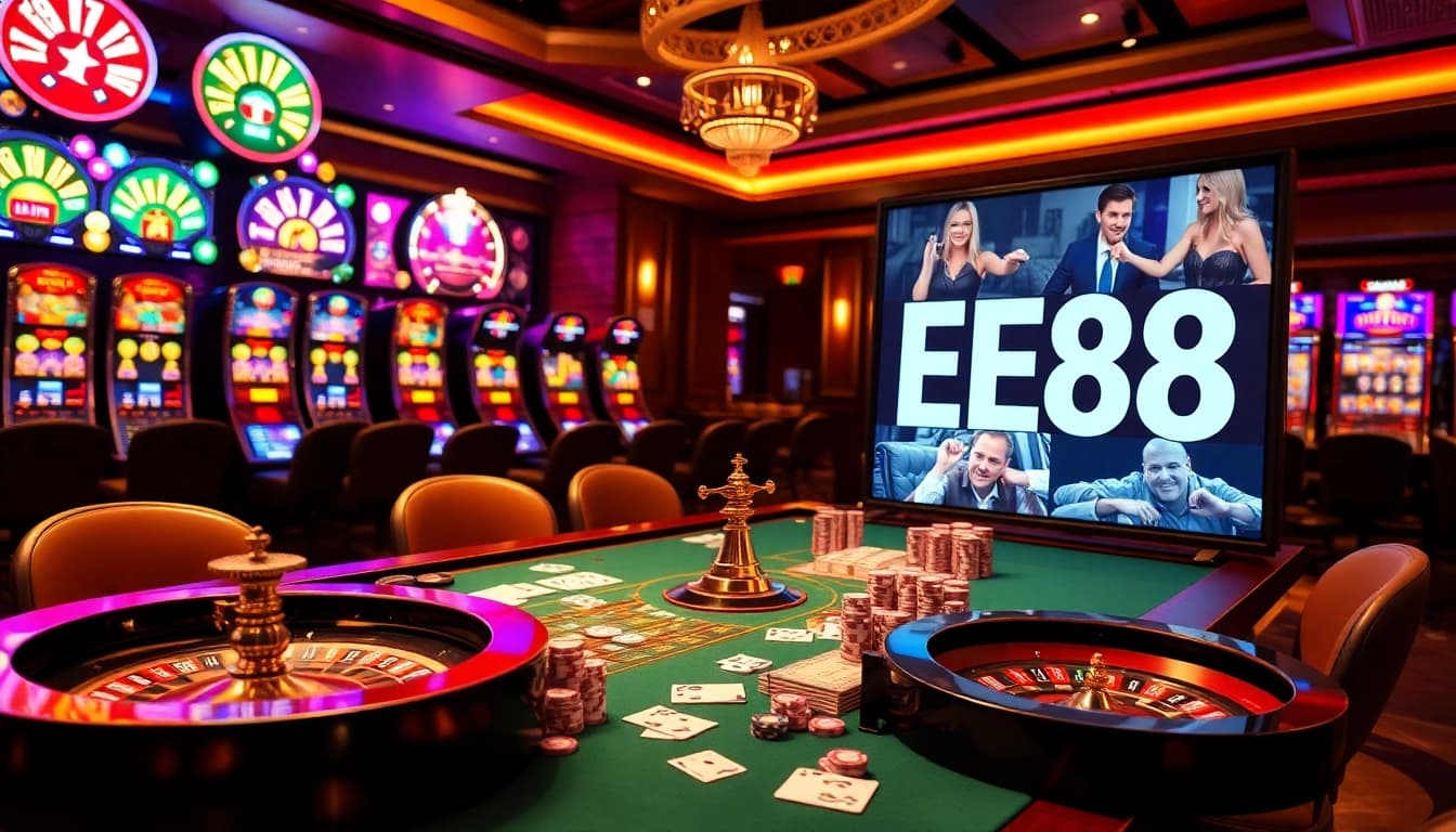 Dynamic gameplay at EE88 casino featuring poker chips and a roulette wheel.