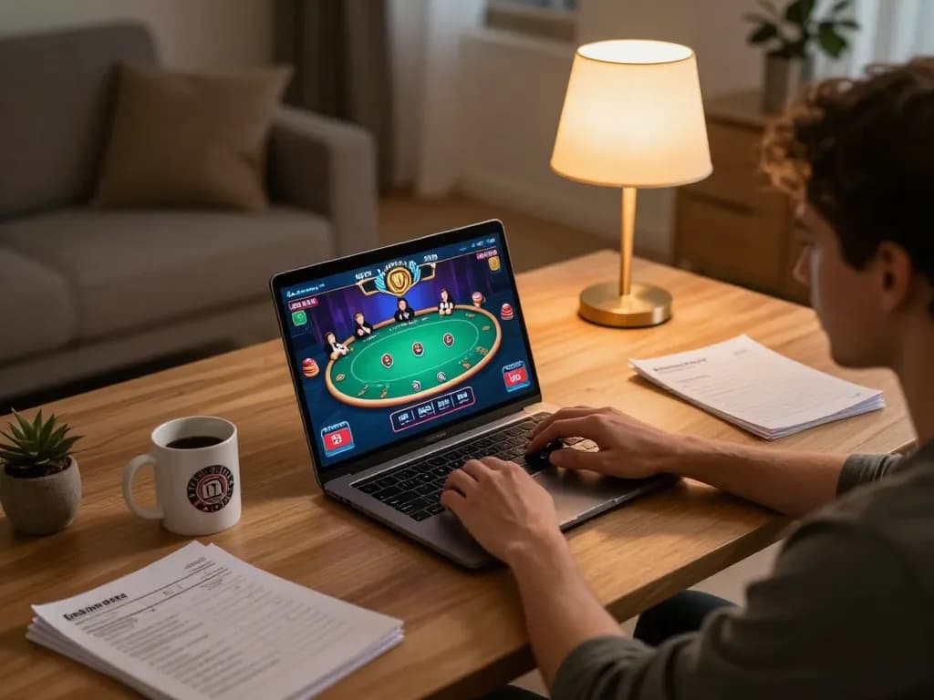 Engaged in online gambling at home with bl555 casino, showcasing vibrant poker game on laptop.