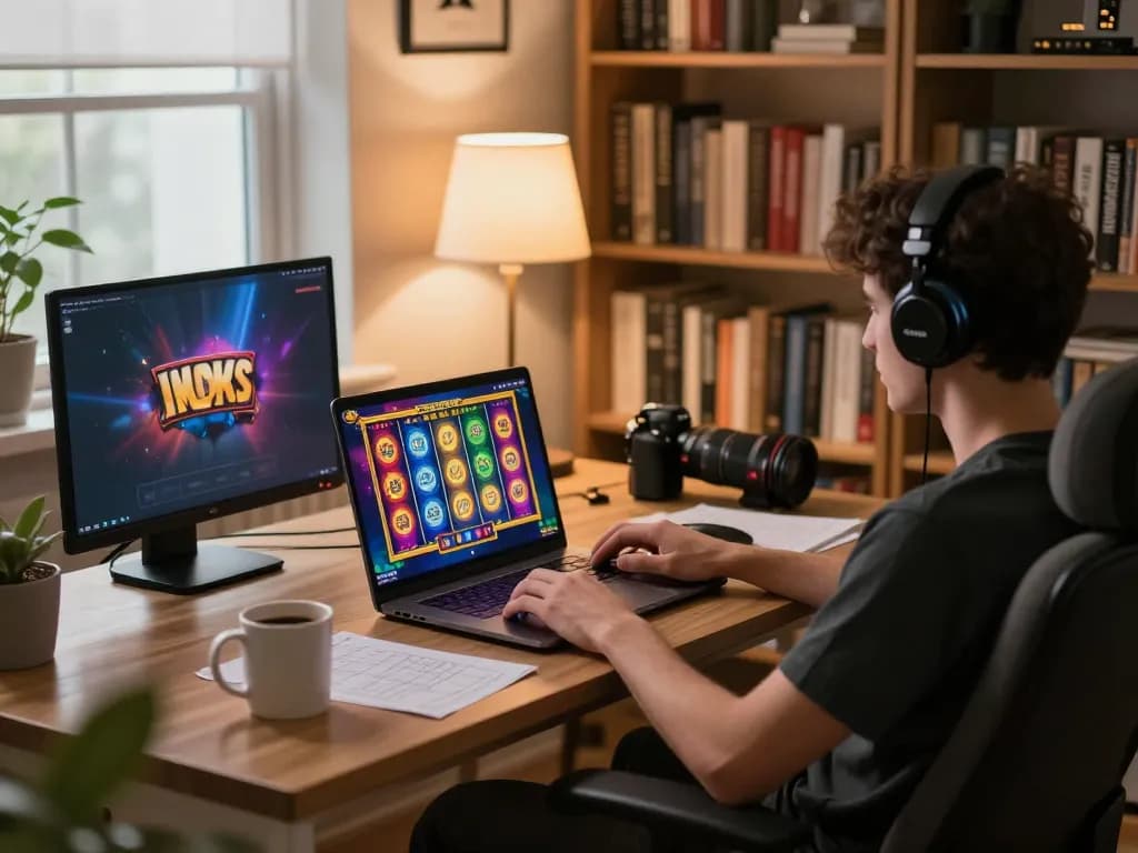 Bergabung dalam permainan Slot Demo di laptop di kantor rumah yang nyaman, menampilkan permainan yang strategis dan suasana yang hangat