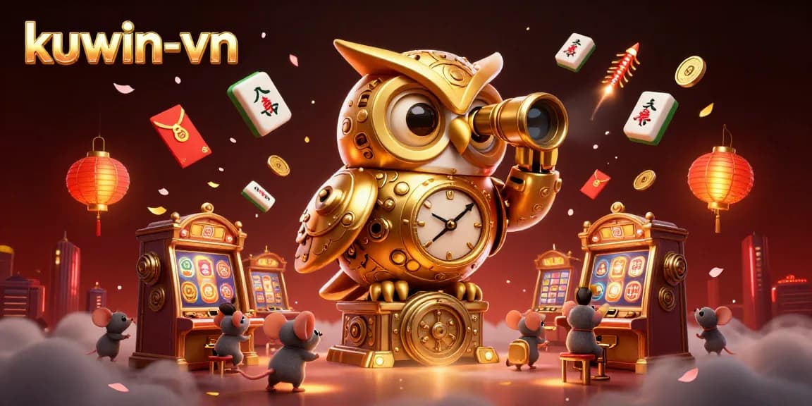 Immerse in the energetic atmosphere of kuwin-vn's casino with a vibrant owl character scanning over slot machines filled with treasures.
