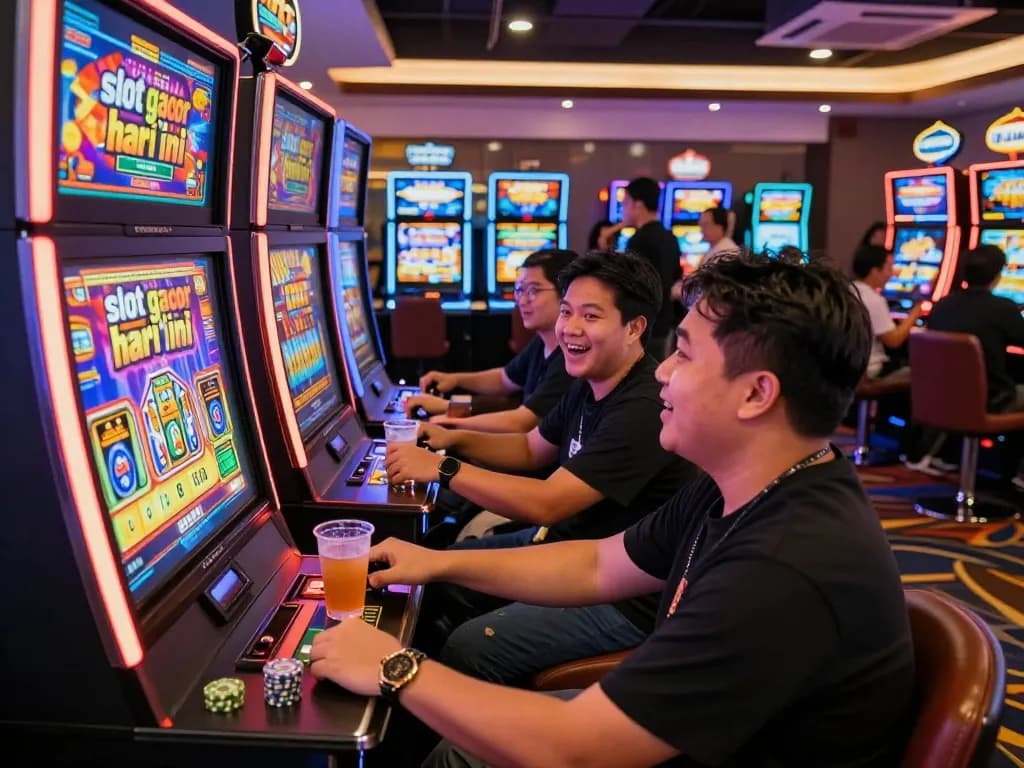 Suasana permainan slot gacor hari ini yang menarik dengan pemain di mesin berwarna-warni dalam atmosfer kasino yang ramai.