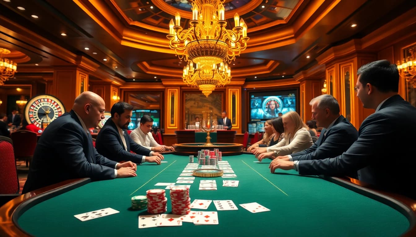 Engaged players at a luxurious poker table embodying the excitement of https://do666.at in a vibrant casino scene.