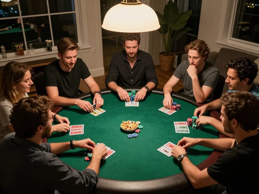 Suasana permainan poker yang menarik saat malam di rumah dengan pemain tante77 yang menunjukkan strategi