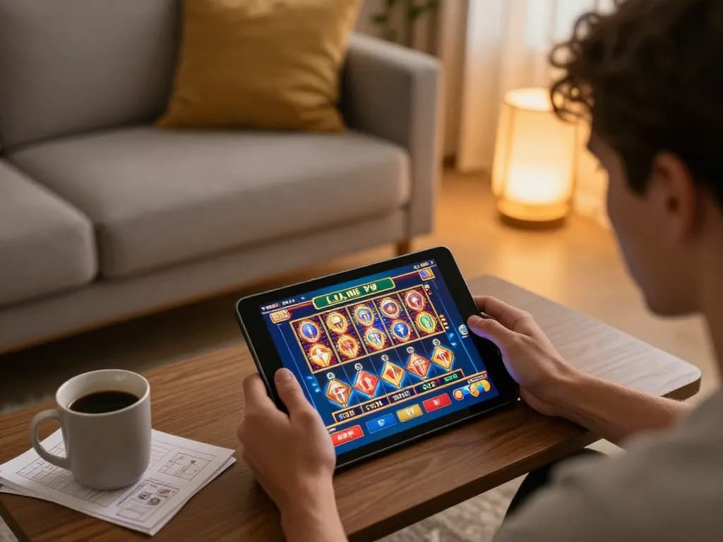 A player strategically engaging in online slots at home, illustrating cm8888 gaming experience