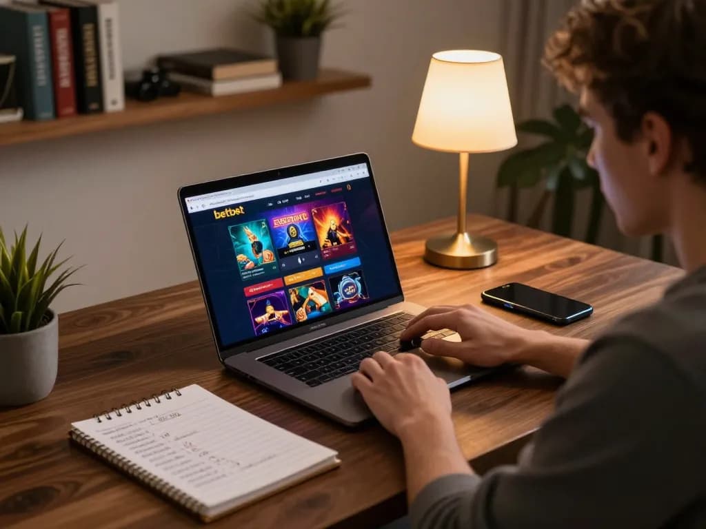 Engaged player exploring betbet casino online interface on laptop, showcasing strategic gameplay.