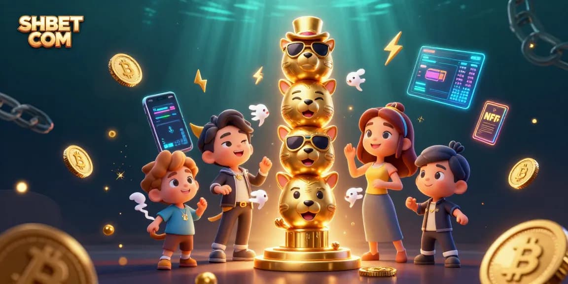 Play exciting games at SHBET COM with animated golden totem pole and crypto elements in a vibrant setting.
