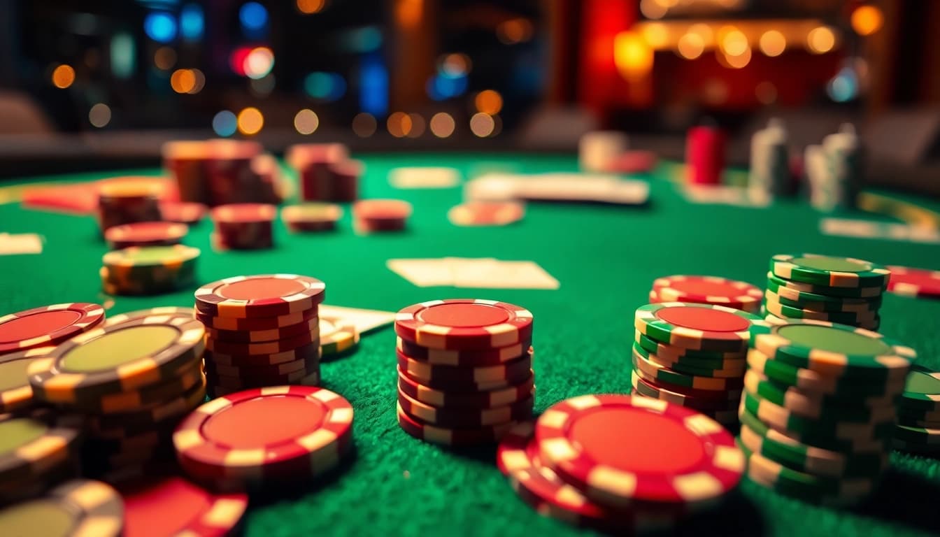 Permainan tariantoto yang memukau dengan kartu dan chip berwarna cerah di meja kasino.