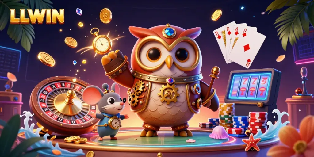 Experience LLWIN's vibrant casino atmosphere with a steampunk owl and dazzling game elements.