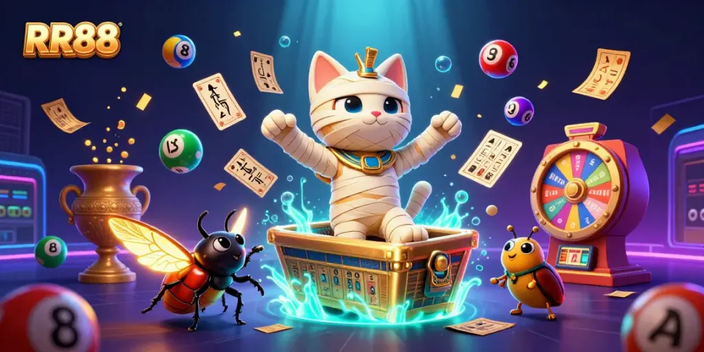 Experience the thrill of RR88 with a vibrant 3D cartoon scene of a mummy cat and gaming elements.