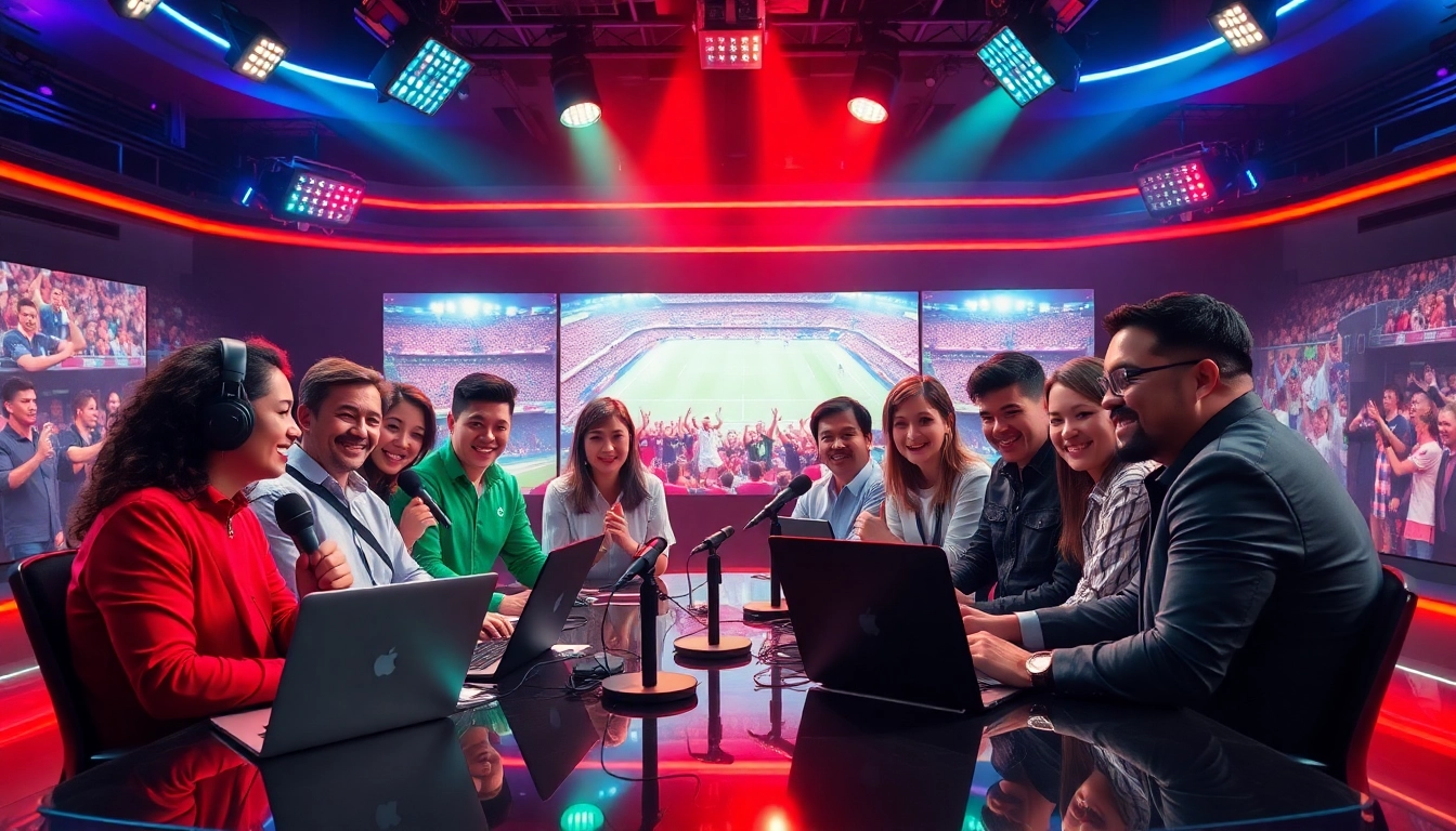 Tuyển dụng for sports commentators in a vibrant, high-tech broadcast studio.
