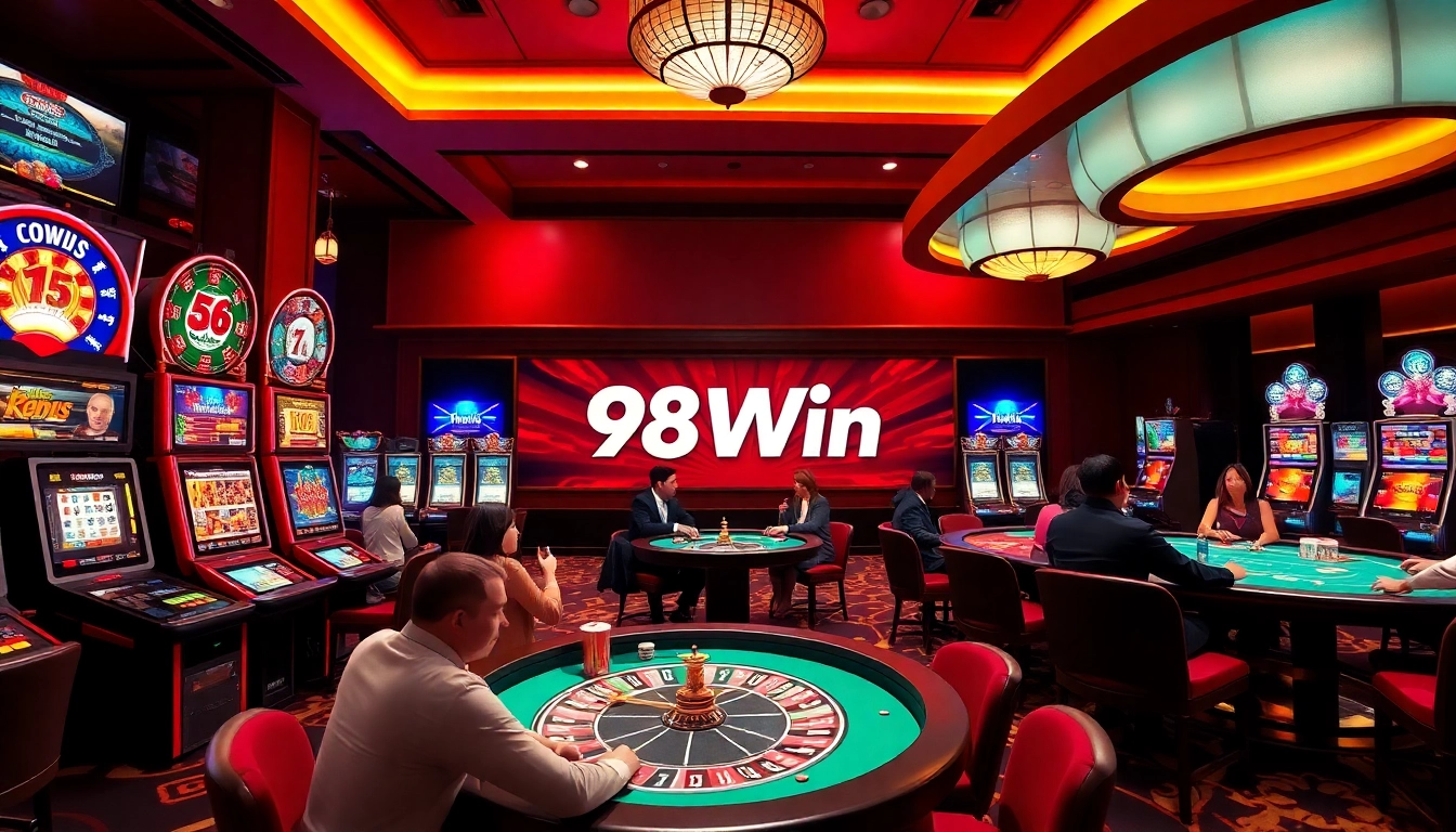 Experience the excitement of 98Win at a vibrant casino with lively games and glowing slot machines.