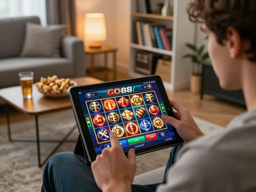 Engaged player enjoying the GO88 app on tablet, showcasing vibrant slot games in a cozy home setting.
