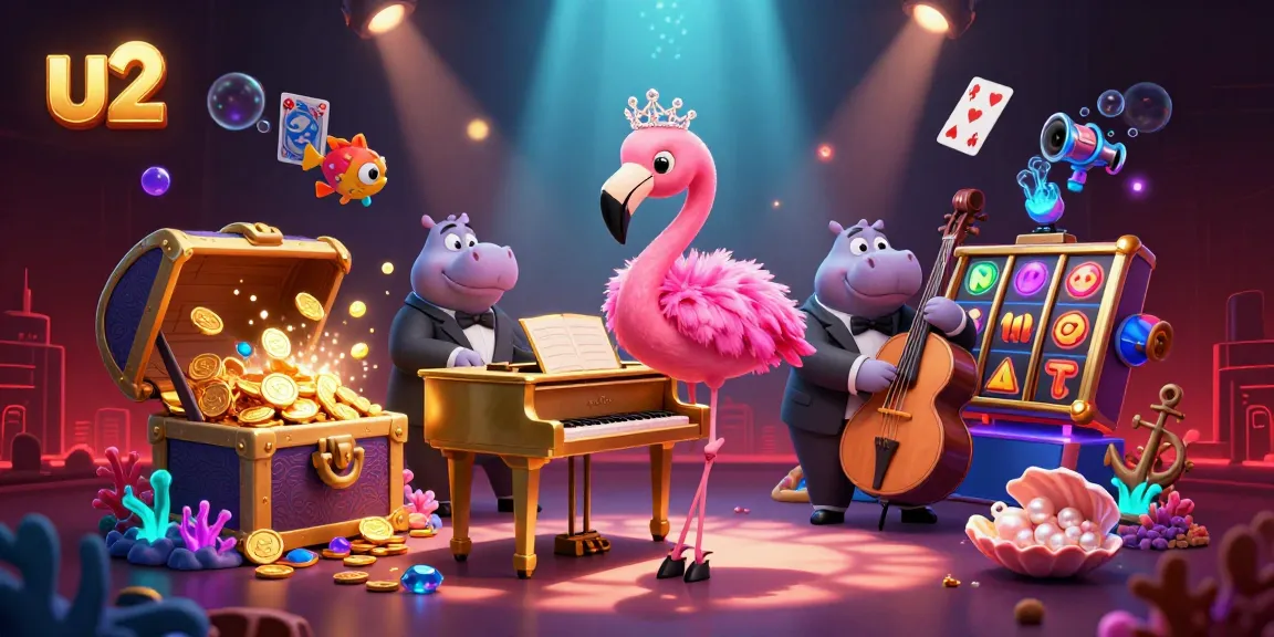 Engage in thrilling gaming at u2 Casino with a vibrant scene of a flamingo singer and hippo bassist, amid dazzling slot reels.