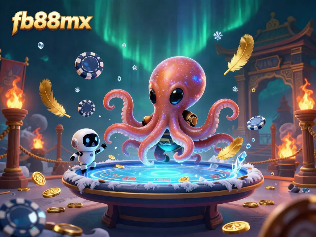 Experience thrilling gaming at fb88mx with a dazzling alien octopus and exciting poker setup surrounded by cosmic elements.