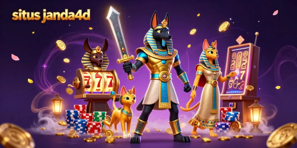 Jelajahi situs janda4d dengan karakter Anubis yang megah di tengah koin emas berkilauan.