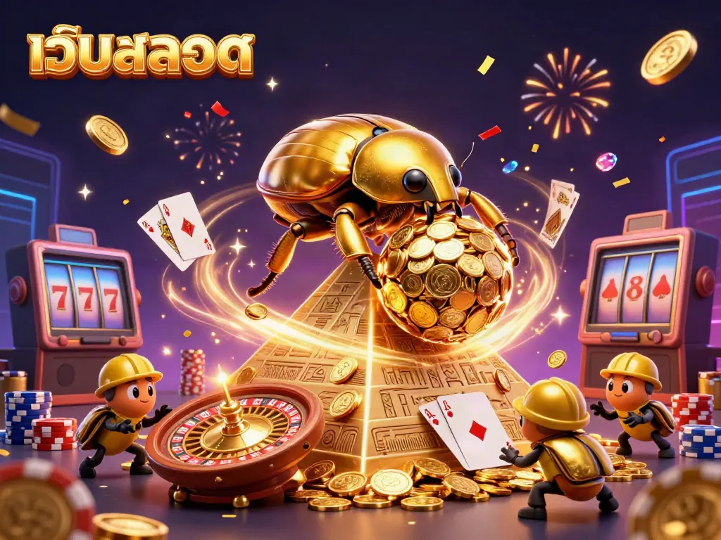 เกมสล็อตเว็บสล็อตที่มีการออกแบบอย่างละเอียดด้วยเหรียญทองที่ลอยอยู่และสัญลักษณ์คาสิโน