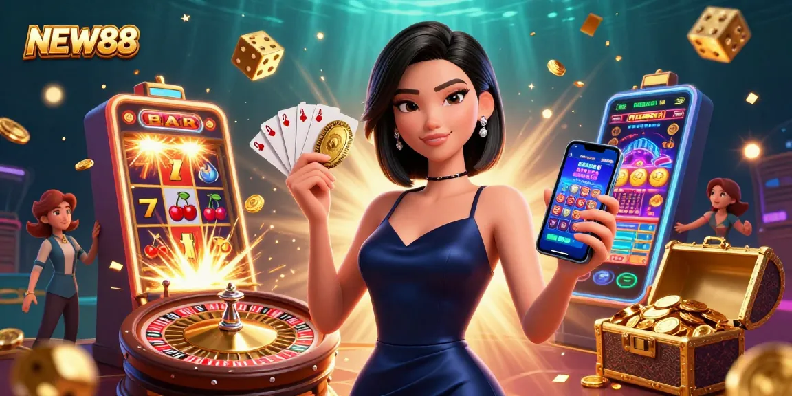 Engage in thrilling gameplay with NEW88 as a stunning Asian woman showcases a casino app, symbolizing excitement.