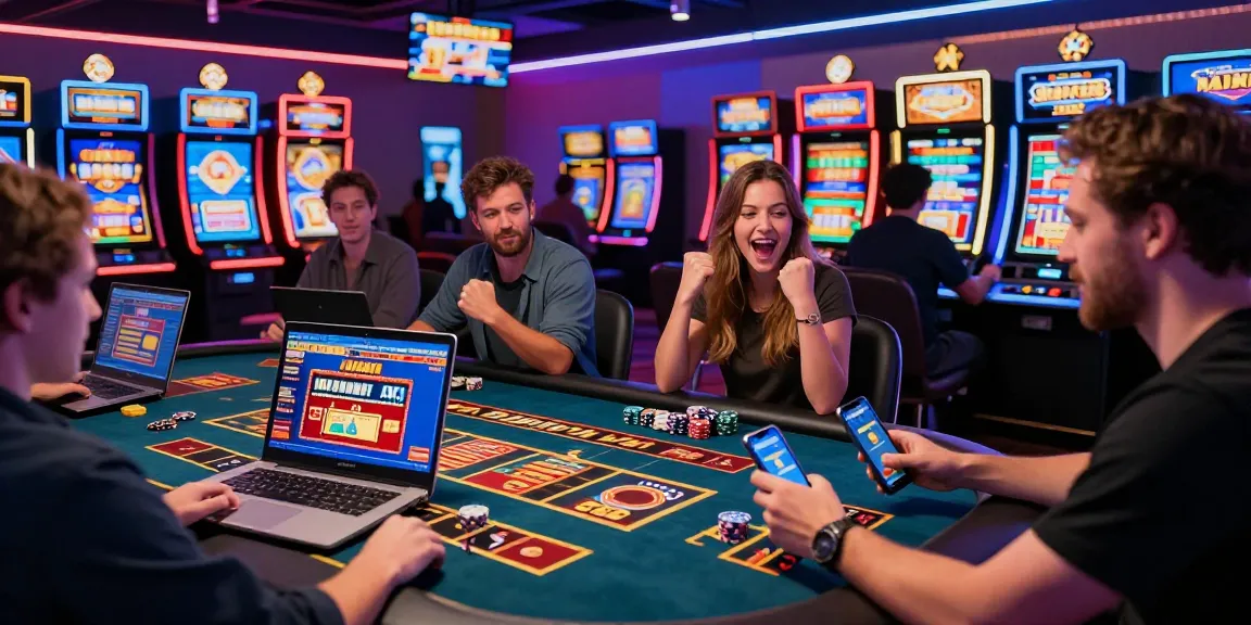 Exciting credit card casinos scene with players celebrating wins in a lively gaming environment.