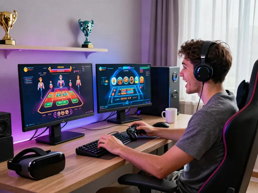 Young adult man engaged in vibrant online gaming at A80 platform