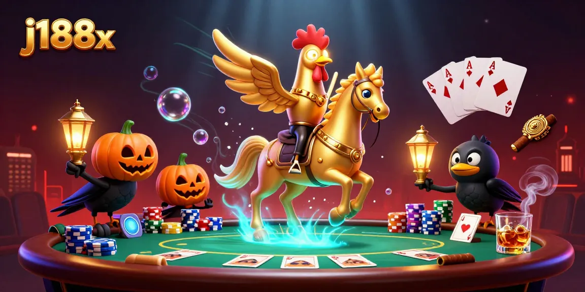 Experience j188x gaming adventures with a vibrant midnight casino scene featuring a golden rooster and interactive poker elements.