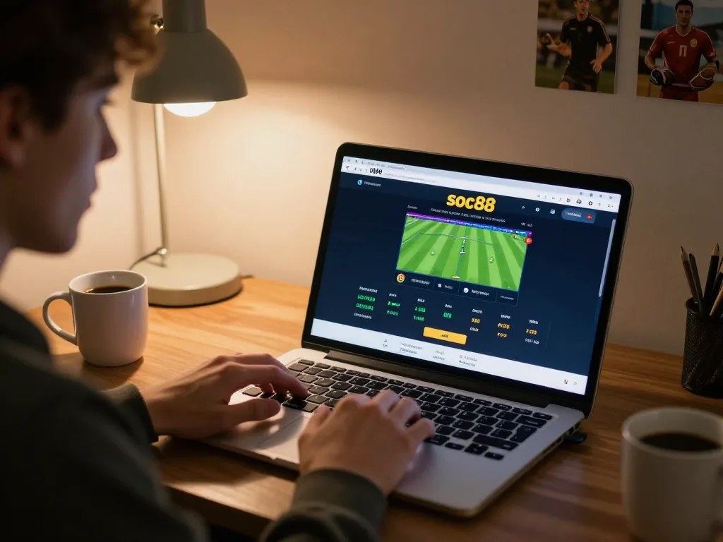 Engaging in sports betting on soc88 with a laptop in a cozy home setting, showcasing strategic gaming