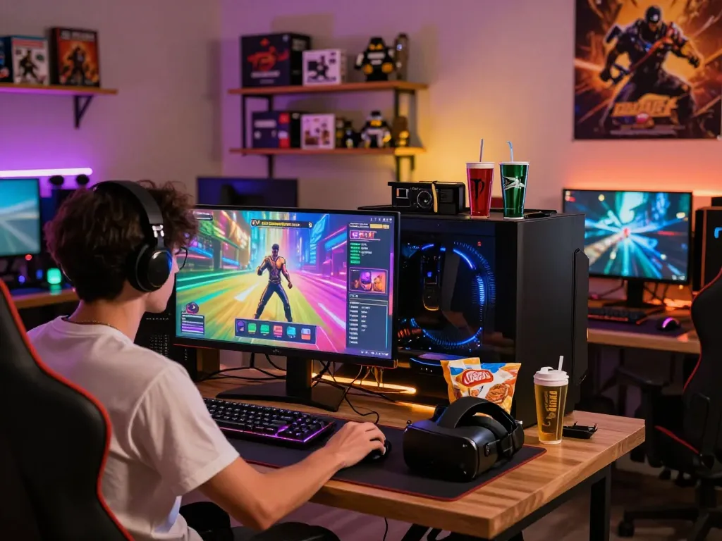 Engaging gamer immersed in porngames at colorful gaming lounge with vibrant lights.