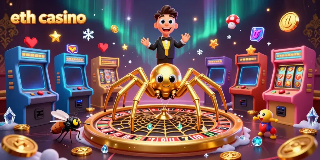 Engage with an eth casino scene featuring a golden spider spinning a roulette wheel web, amidst vibrant gaming elements.