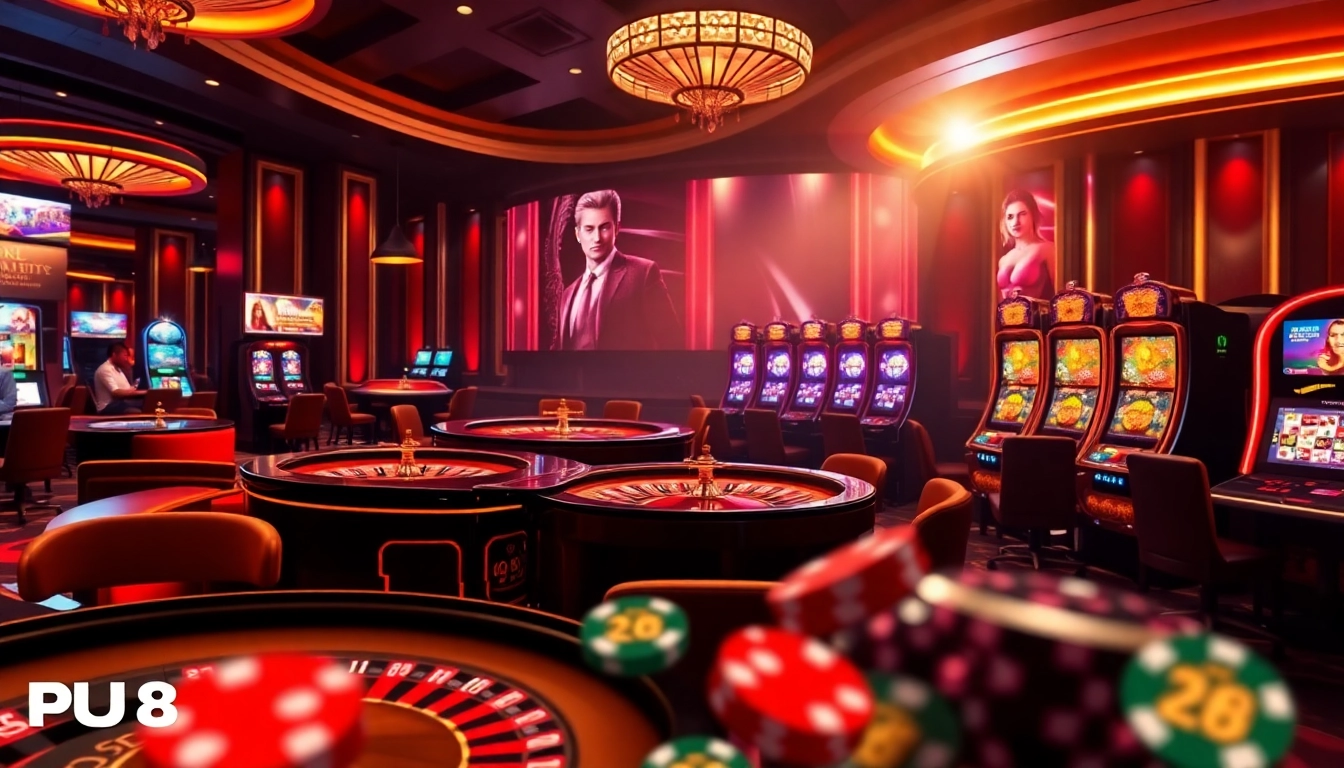 Action-packed gaming scene with nhà cái PU88 featuring elegant casino tables and exciting slot machines.