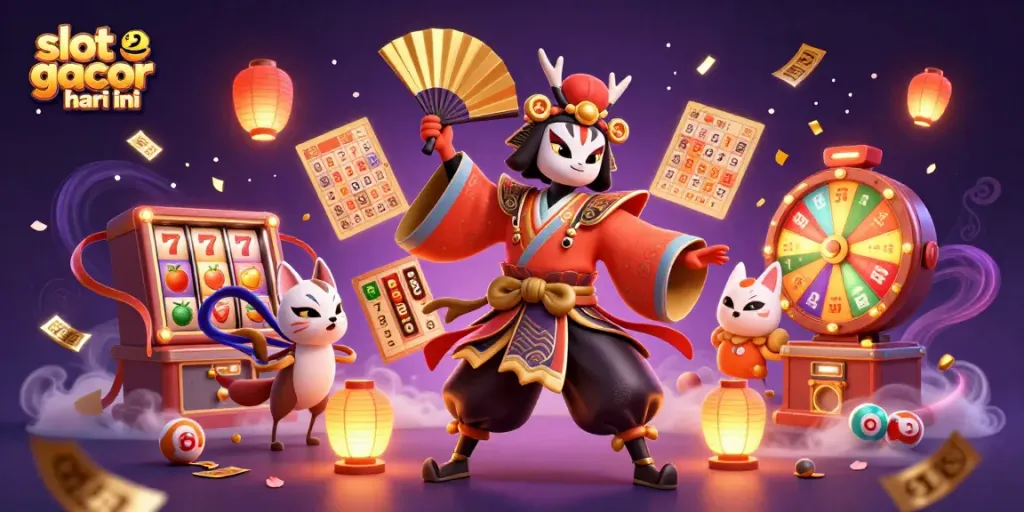 Slot gacor hari ini dengan karakter kabuki dan simbol slot yang memikat.